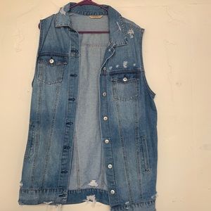 Long distressed denim vest